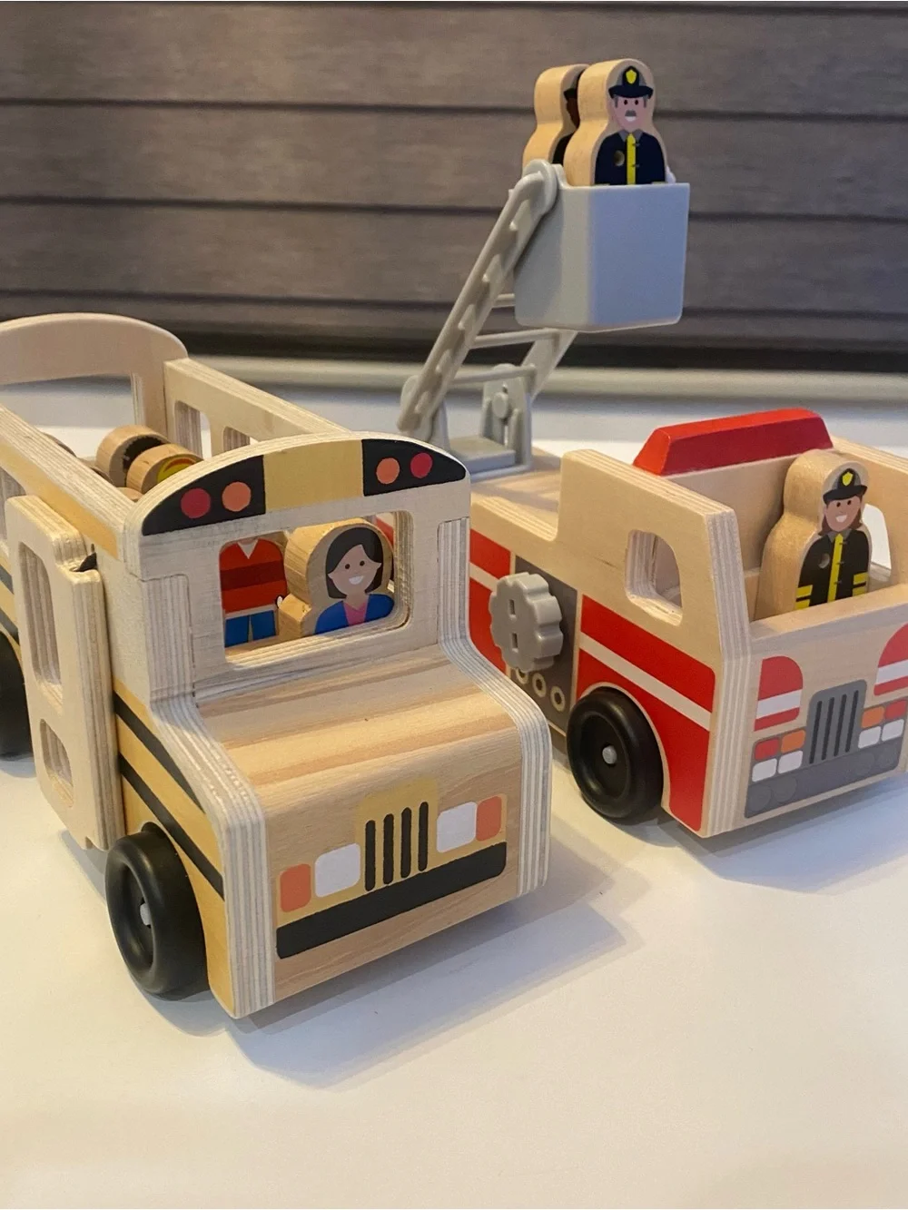 Melissa & Doug Wooden Fire Truck & School Bus
